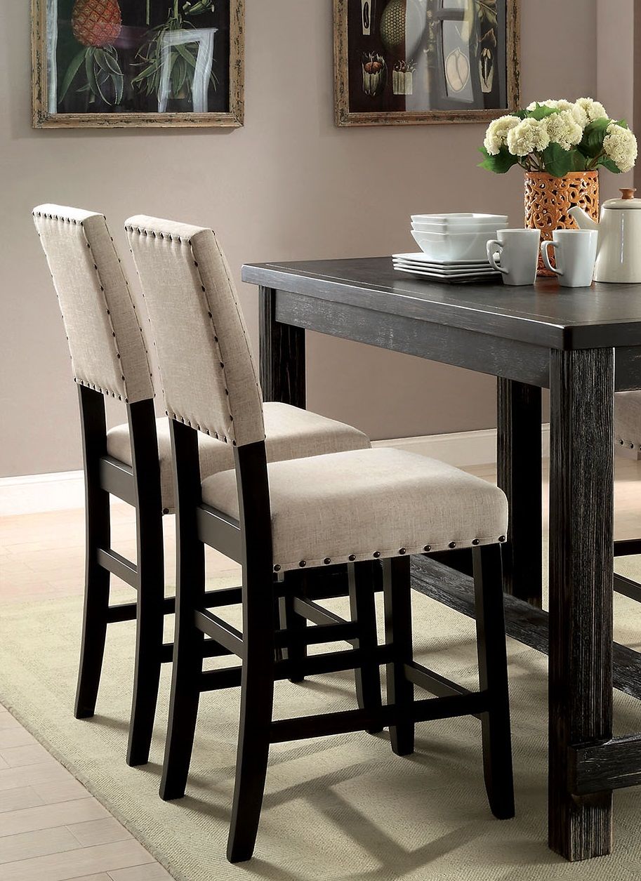 Rustic Charm Beige Linen Like Fabric 2pcs Counter Height Chairs Dining Room Furniture Nailhead Trim Antique Black Bold D image 3