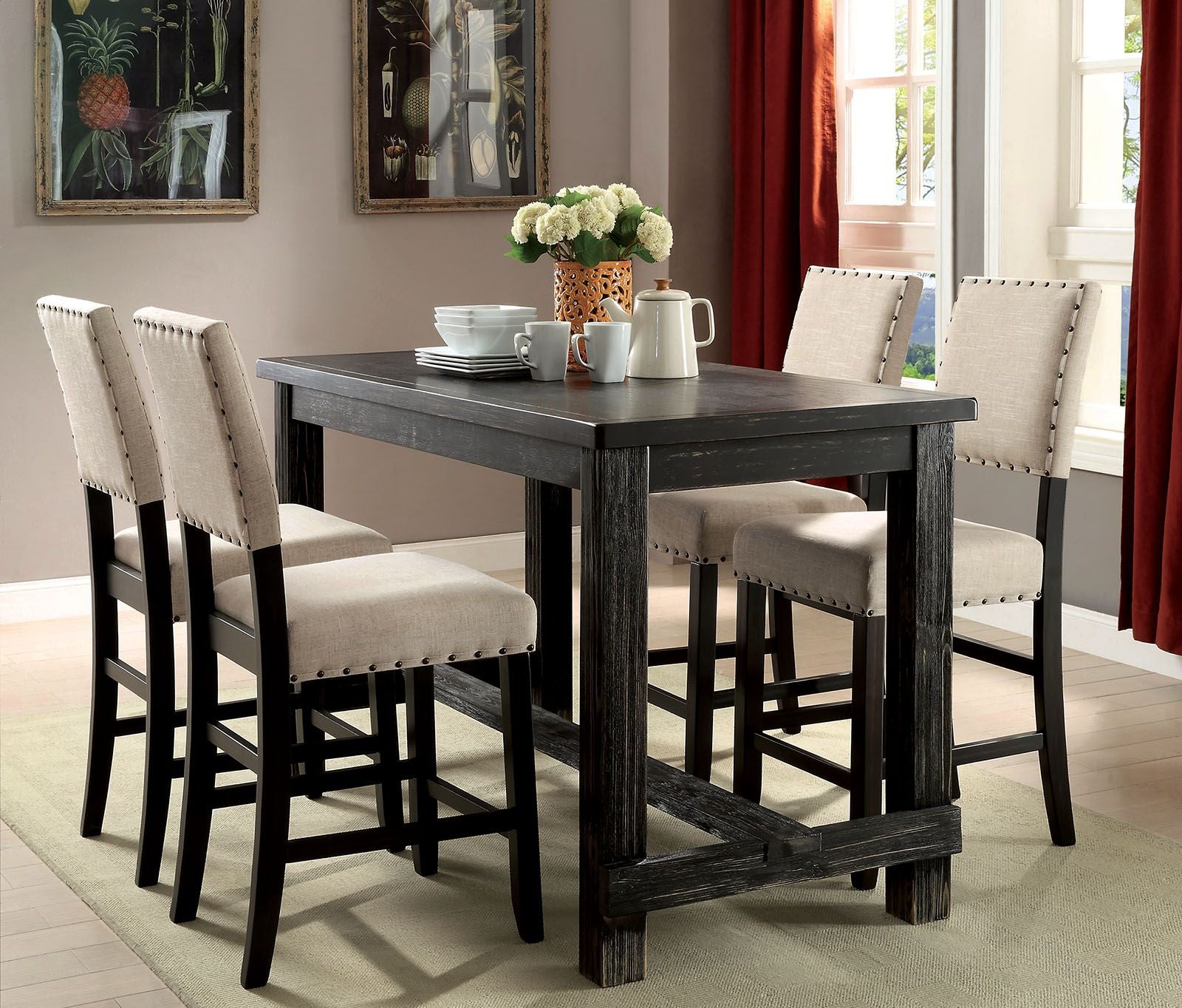 Rustic Charm Beige Linen Like Fabric 2pcs Counter Height Chairs Dining Room Furniture Nailhead Trim Antique Black Bold D image 7
