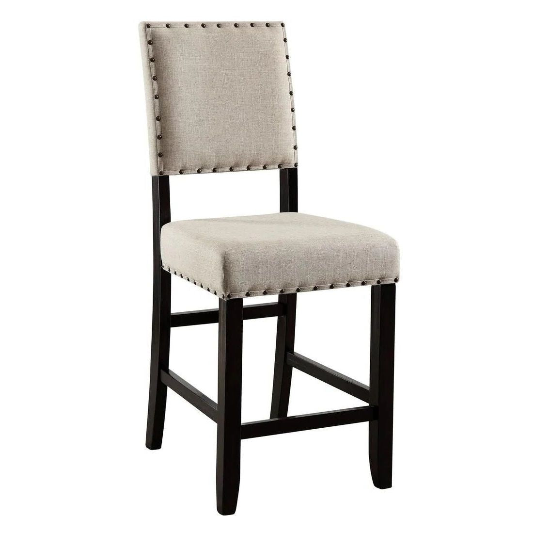 Rustic Charm Beige Linen Like Fabric 2pcs Counter Height Chairs Dining Room Furniture Nailhead Trim Antique Black Bold D image 5