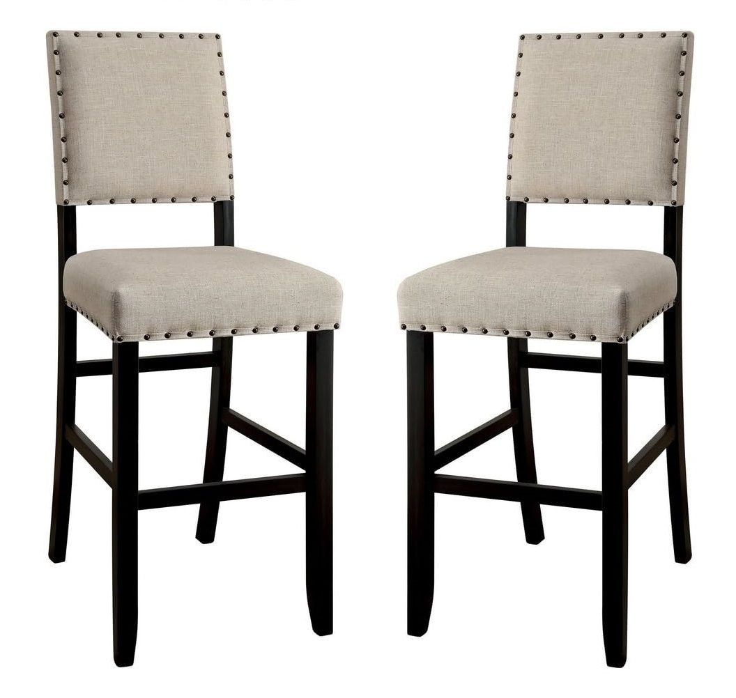Rustic Charm Ivory Linen Like Fabric 2pcs Counter Height Bar Chairs Kitchen Furniture Nailhead Trim Antique Black Bold D image 7