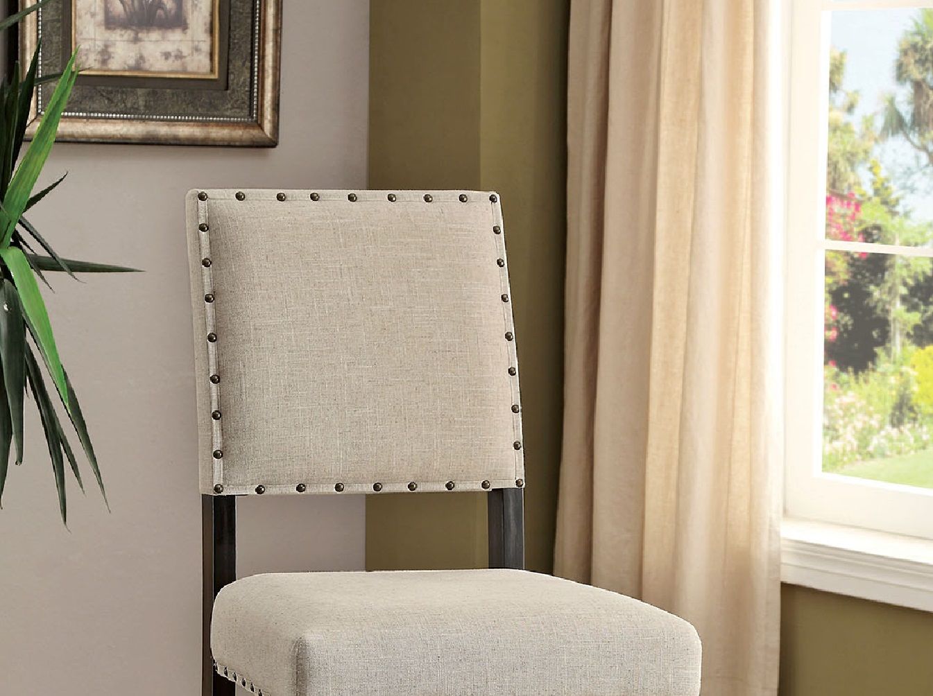 Rustic Charm Ivory Linen Like Fabric 2pcs Counter Height Bar Chairs Kitchen Furniture Nailhead Trim Antique Black Bold D image 4