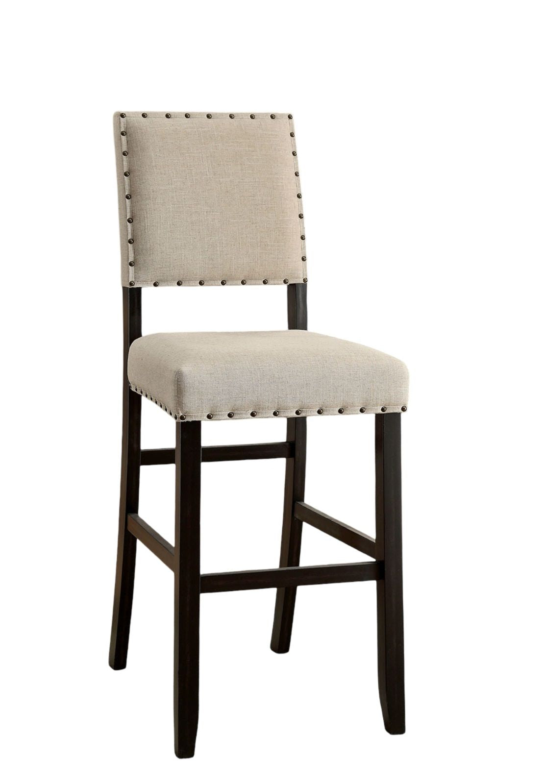Rustic Charm Ivory Linen Like Fabric 2pcs Counter Height Bar Chairs Kitchen Furniture Nailhead Trim Antique Black Bold D image 3