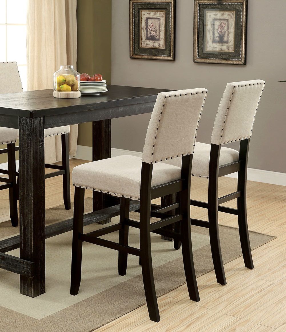 Rustic Charm Ivory Linen Like Fabric 2pcs Counter Height Bar Chairs Kitchen Furniture Nailhead Trim Antique Black Bold D image 2