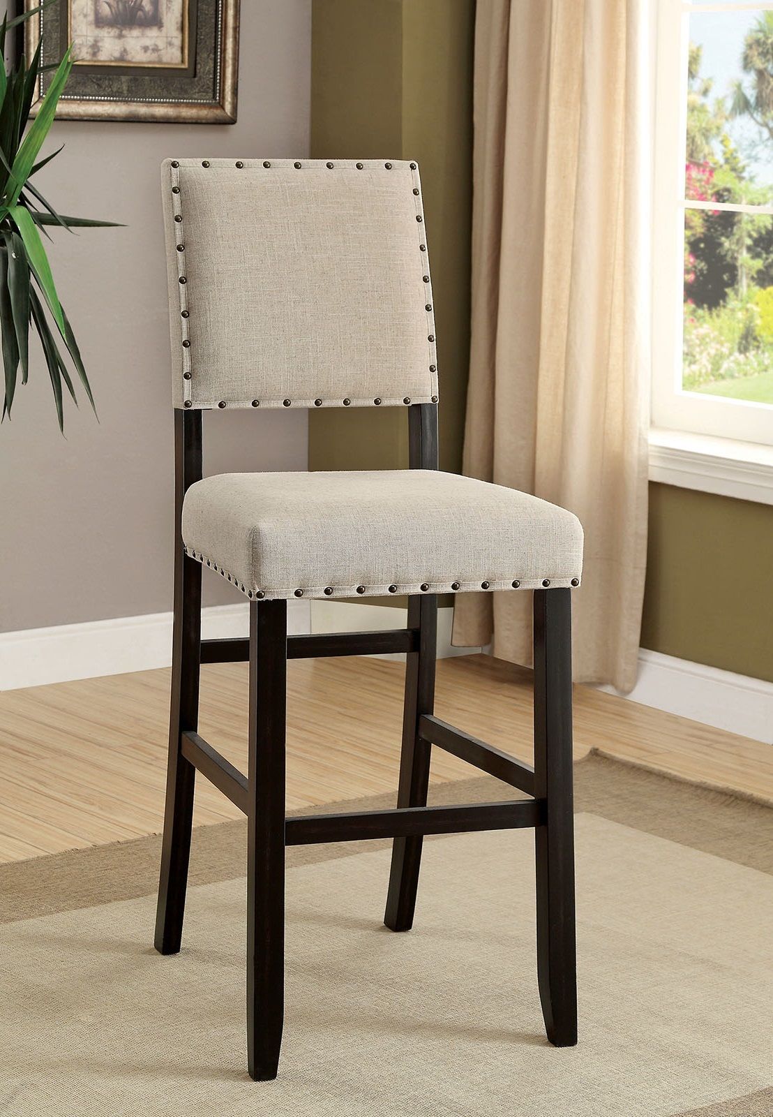 Rustic Charm Ivory Linen Like Fabric 2pcs Counter Height Bar Chairs Kitchen Furniture Nailhead Trim Antique Black Bold D image 1