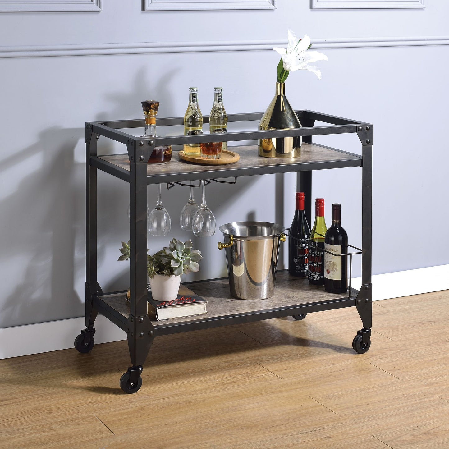 Rustic Oak and Charcoal 2-shelf Serving Cart image 1