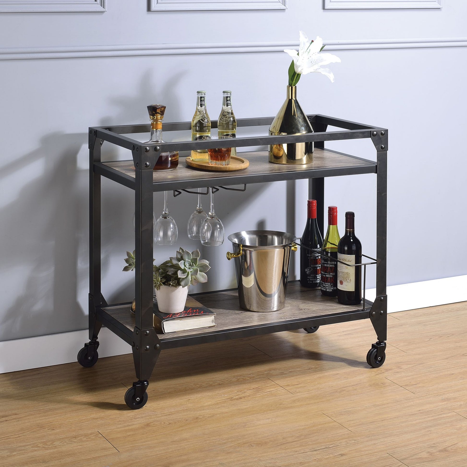 Rustic Oak and Charcoal 2-shelf Serving Cart image 1