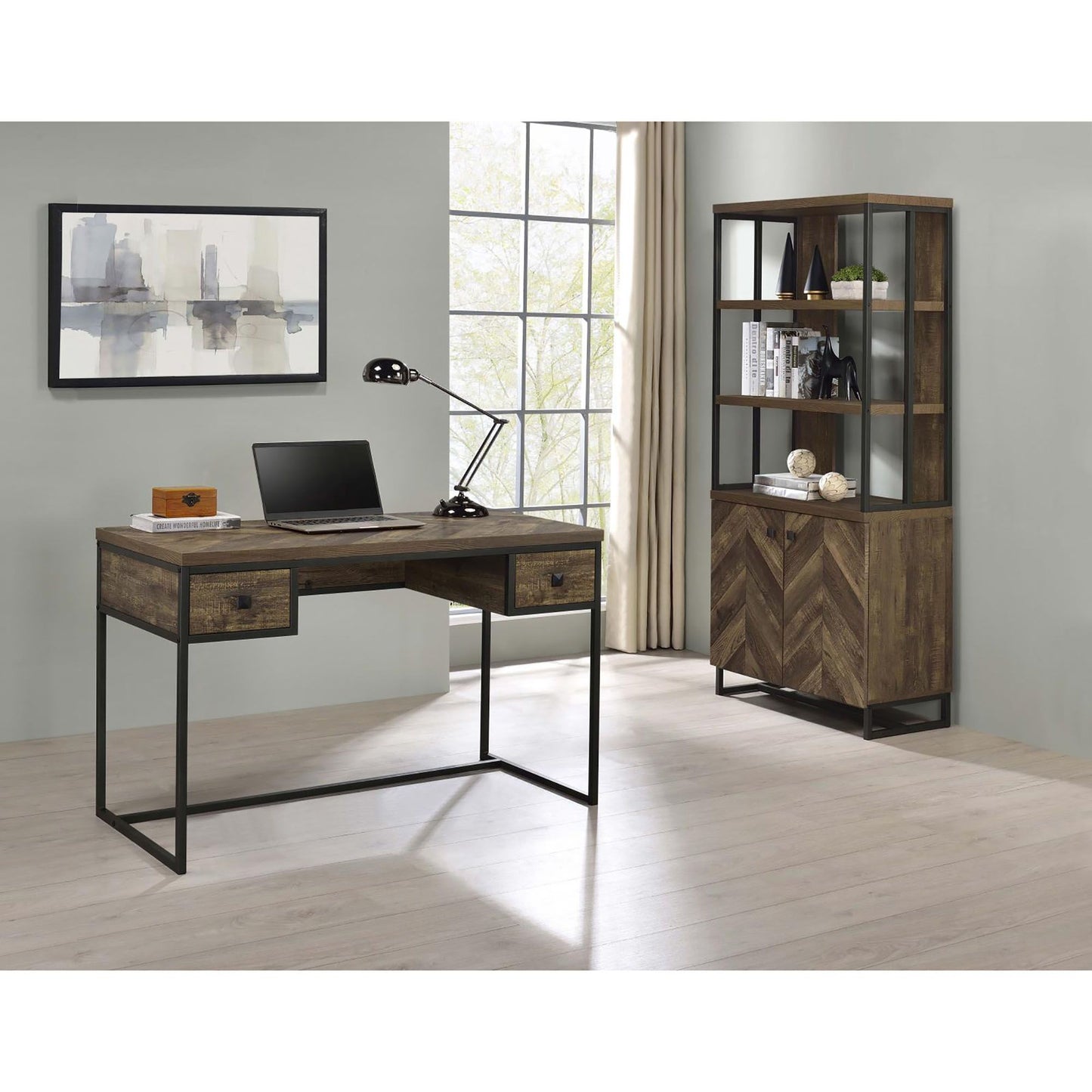 Rustic Oak Herringbone 2-Door Bookcase image 6