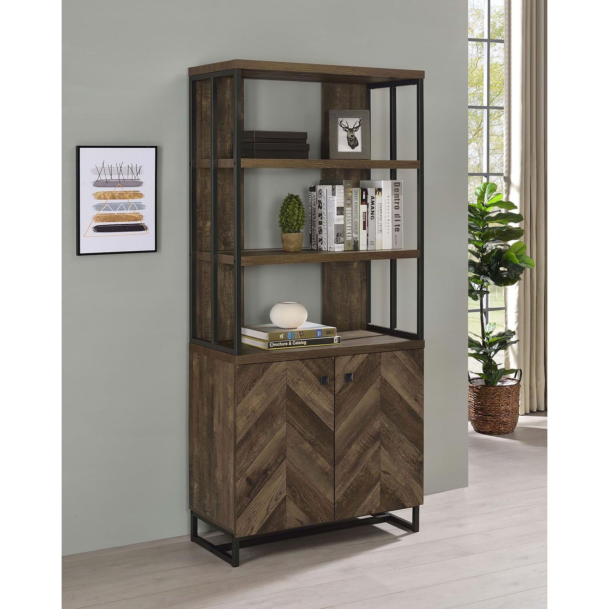 Rustic Oak Herringbone 2-Door Bookcase image 1