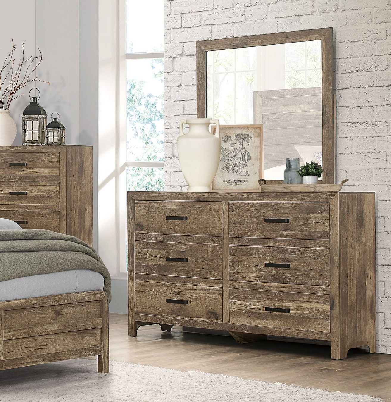 Rustic Style Dresser w 6 Storage Drawers Weathered Pine Finish Wooden Bedroom Furniture image 4