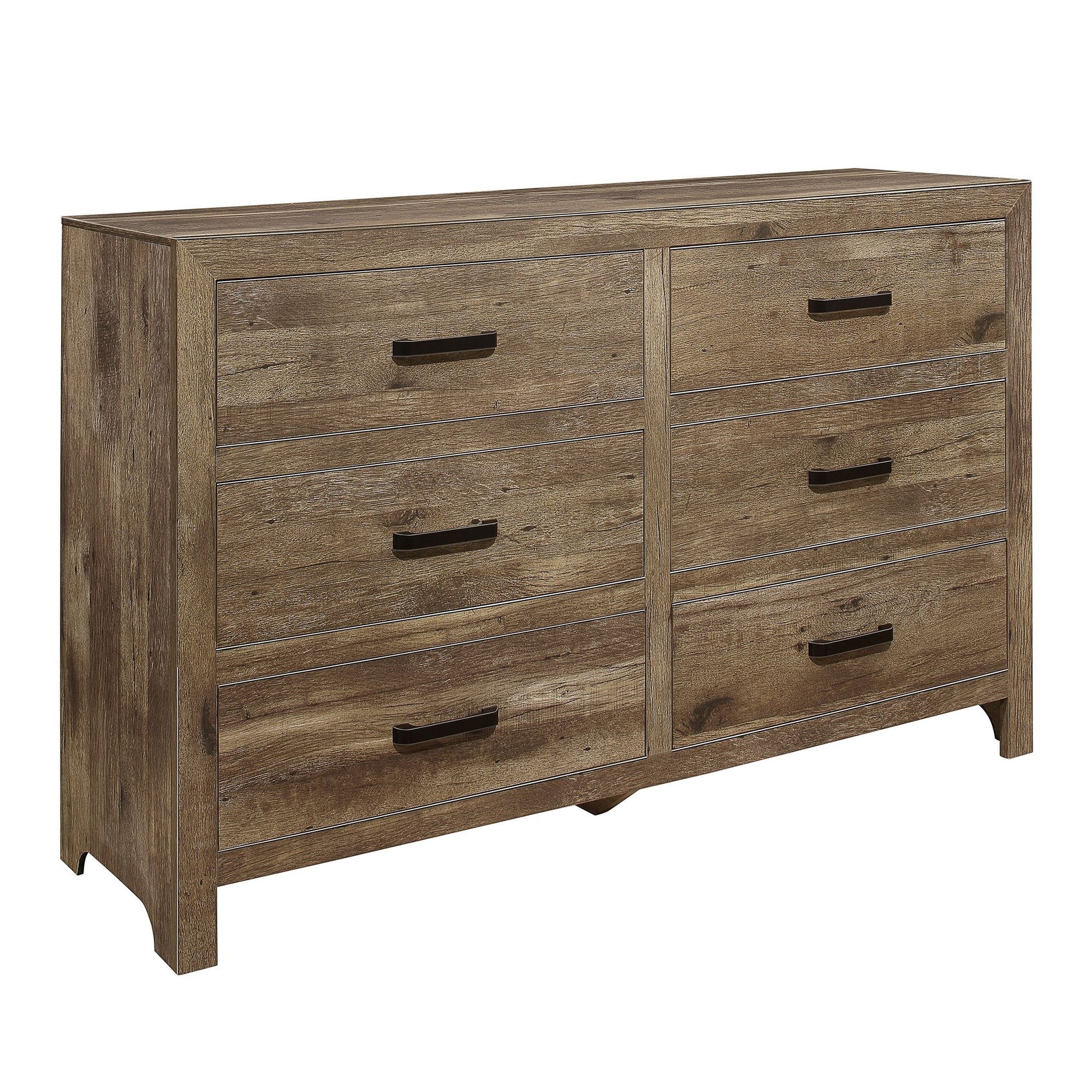 Rustic Style Dresser w 6 Storage Drawers Weathered Pine Finish Wooden Bedroom Furniture image 2