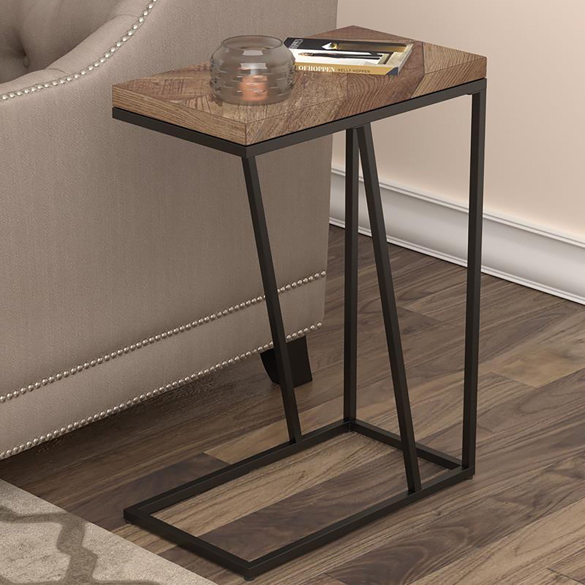 Rustic Tobacco Herringbone and Sandy Black Accent Table image 1