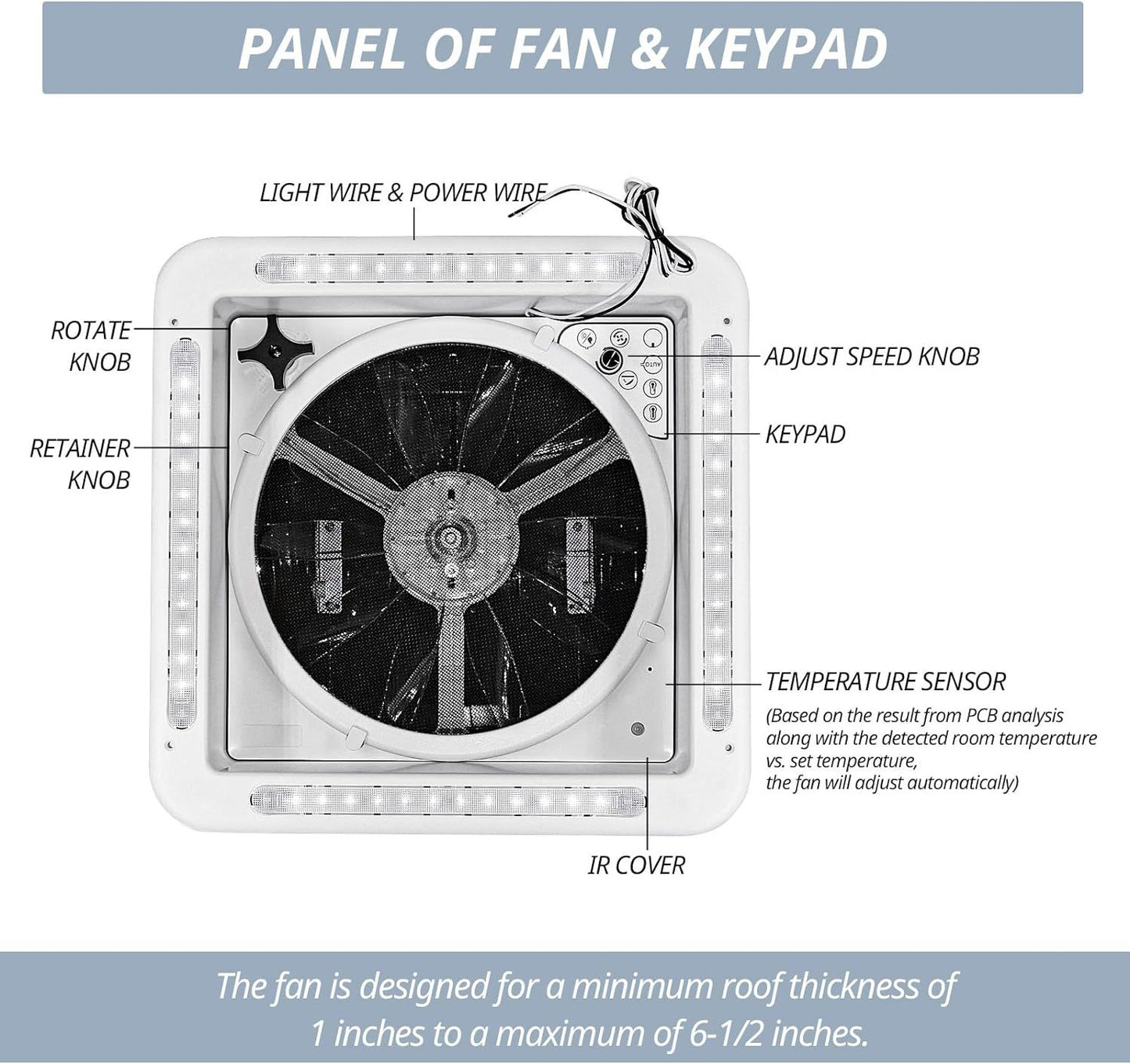 RV Roof Vent Fan 14",Continuously Variable Reversible 12V Remote Control Trailer Roof Vent Low Noise with Rain Sensor,UV image 10