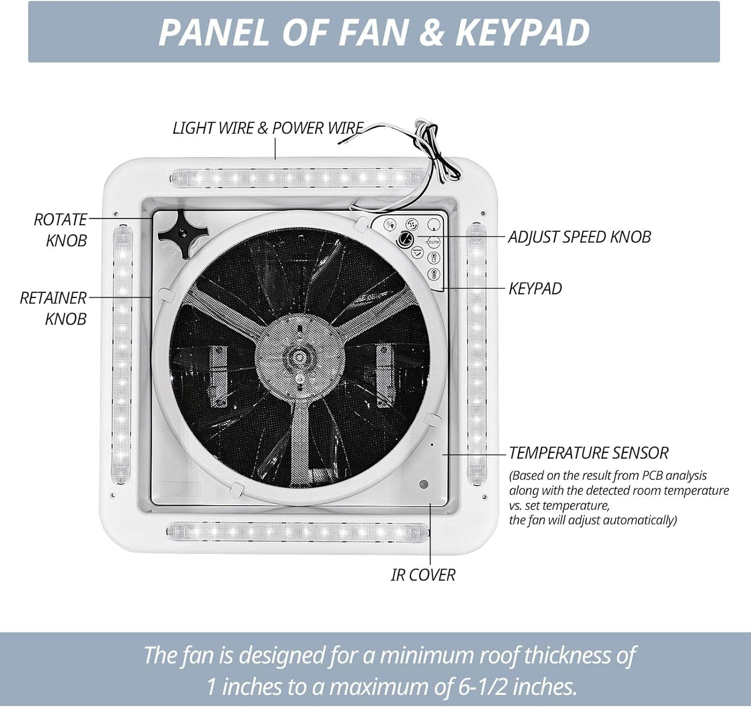 RV Roof Vent Fan 14",Continuously Variable Reversible 12V Remote Control Trailer Roof Vent Low Noise with Rain Sensor,UV image 10