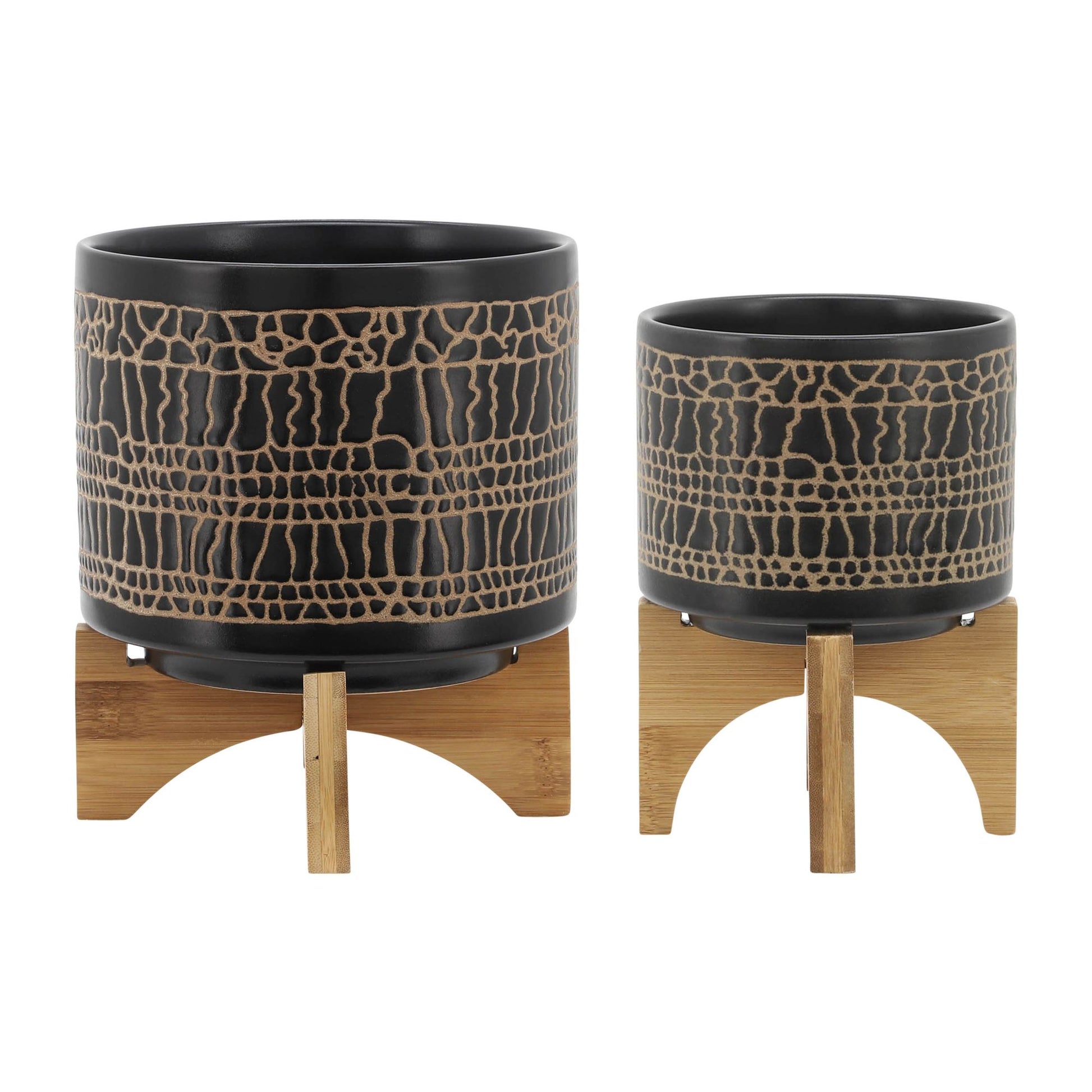 S/2 5/8" GLAZED PLANTER W/ STAND, BLACK image 2