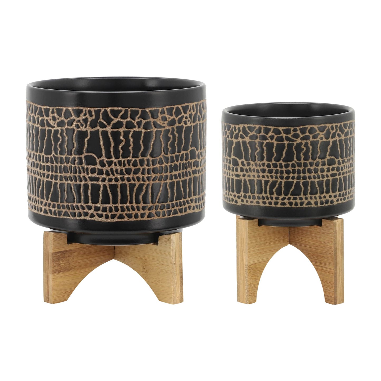 S/2 5/8" GLAZED PLANTER W/ STAND, BLACK image 1