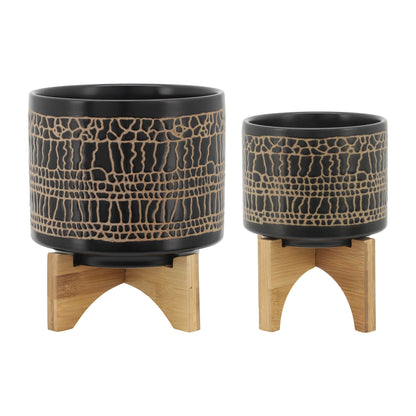 S/2 5/8" GLAZED PLANTER W/ STAND, BLACK image 1