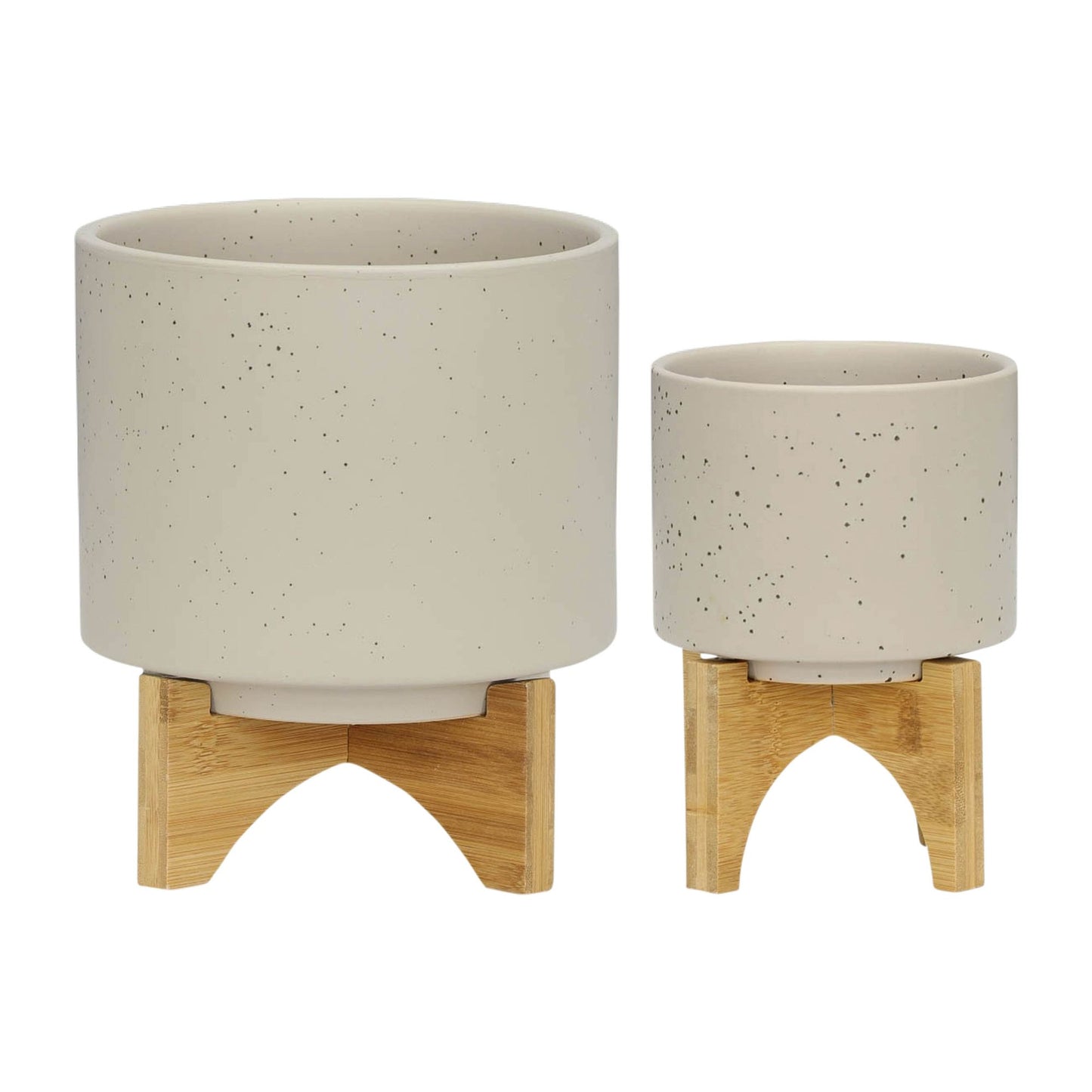 S/2 5/8" PLANTER W/ WOOD STAND, MATTE BEIGE image 1