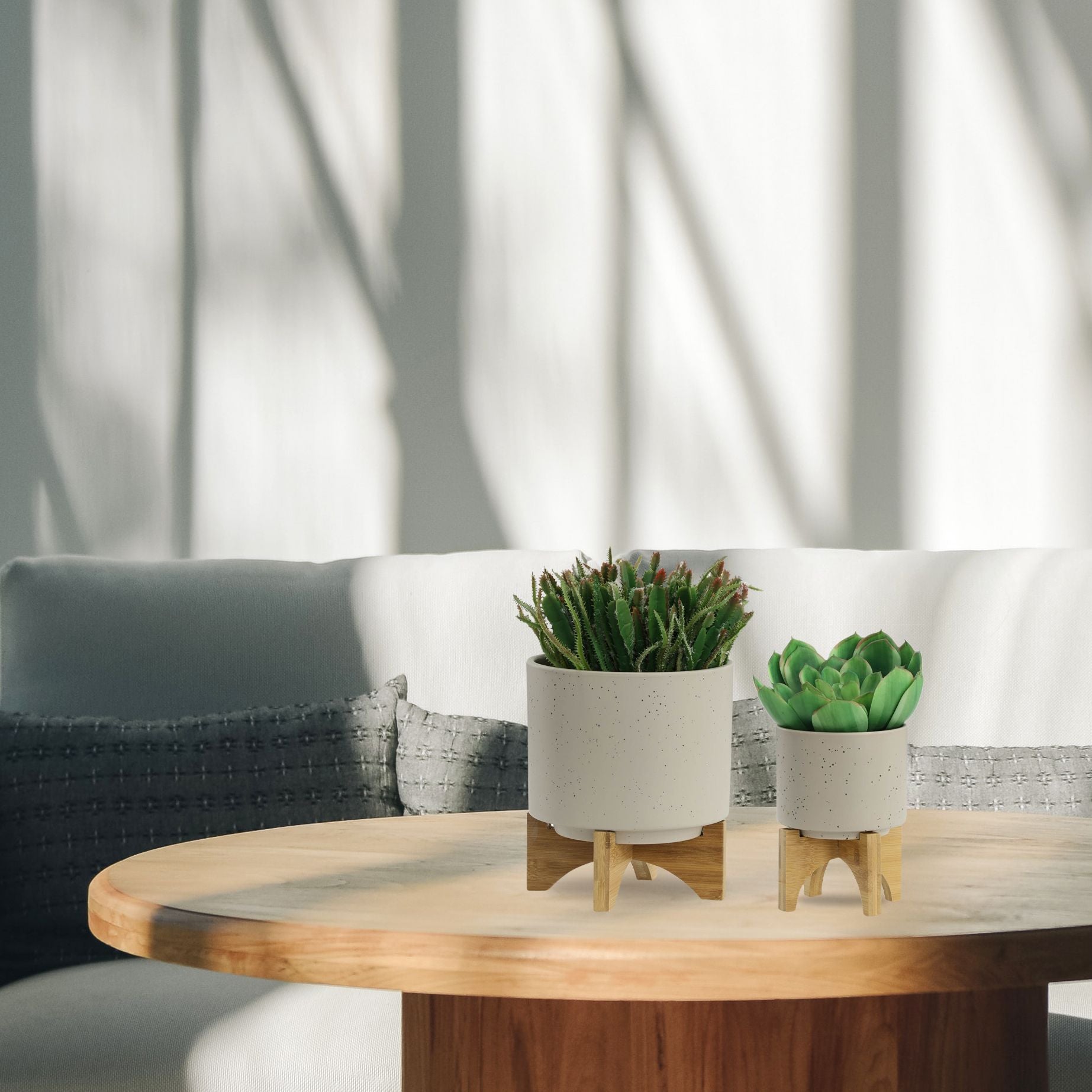 S/2 5/8" PLANTER W/ WOOD STAND, MATTE BEIGE image 8