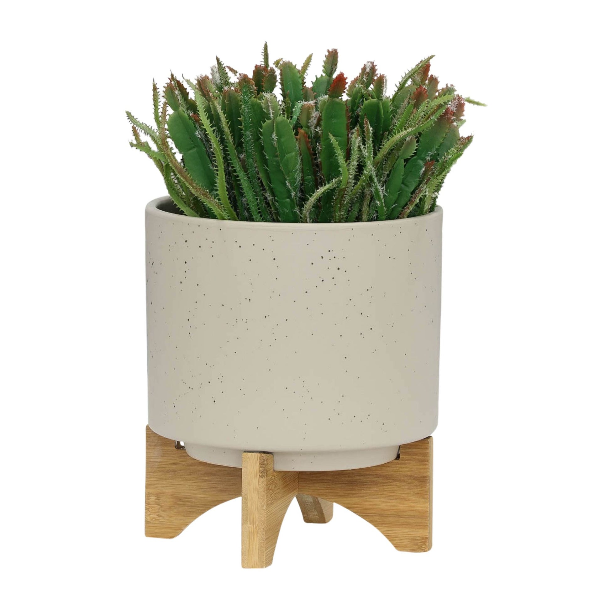 S/2 5/8" PLANTER W/ WOOD STAND, MATTE BEIGE image 3