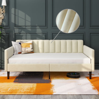 Same as B083121461 Elena Twin Size Beige Velvet Upholstered Daybed, Ribbed Tufted Backrest, Daybed in Lavish Modern Desi image 2
