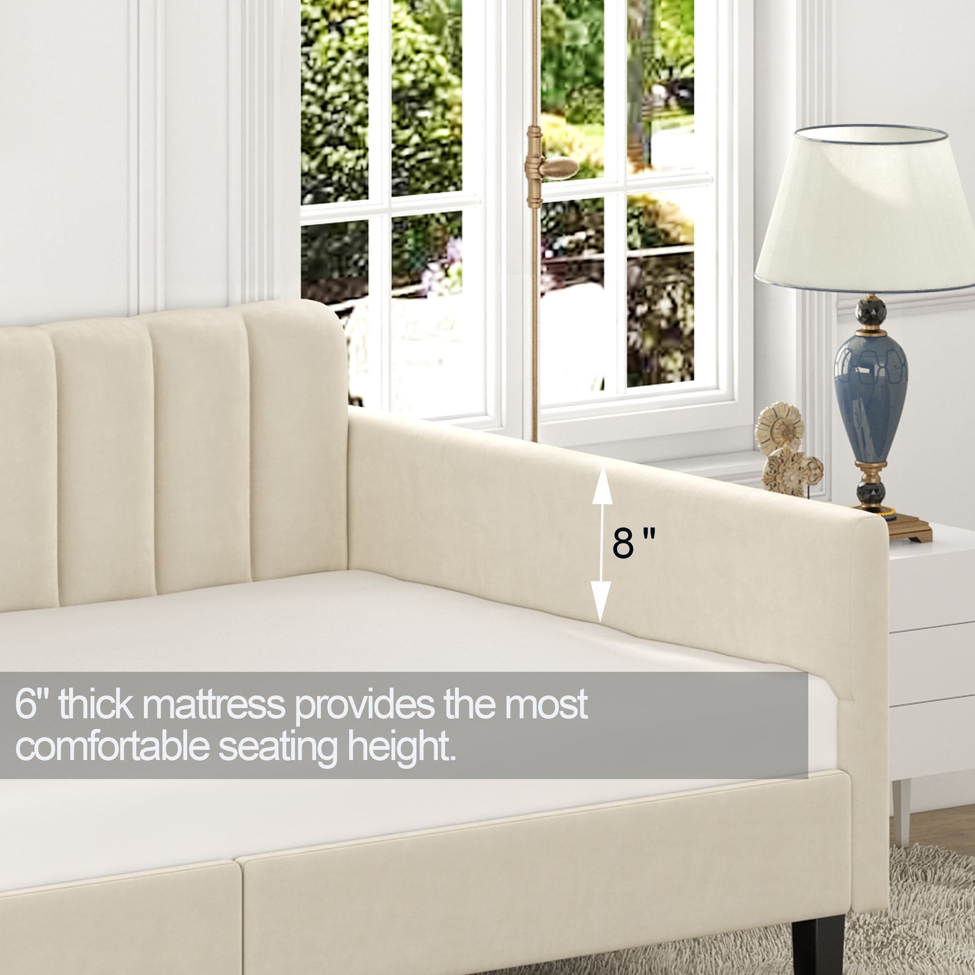 Same as B083121461 Elena Twin Size Beige Velvet Upholstered Daybed, Ribbed Tufted Backrest, Daybed in Lavish Modern Desi image 5