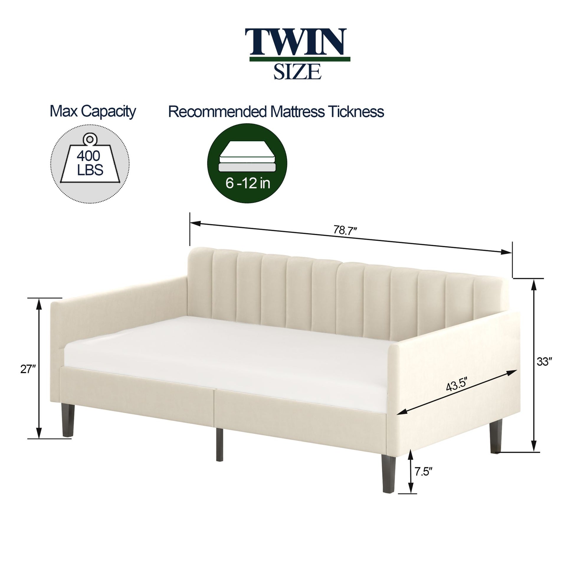 Same as B083121461 Elena Twin Size Beige Velvet Upholstered Daybed, Ribbed Tufted Backrest, Daybed in Lavish Modern Desi image 4