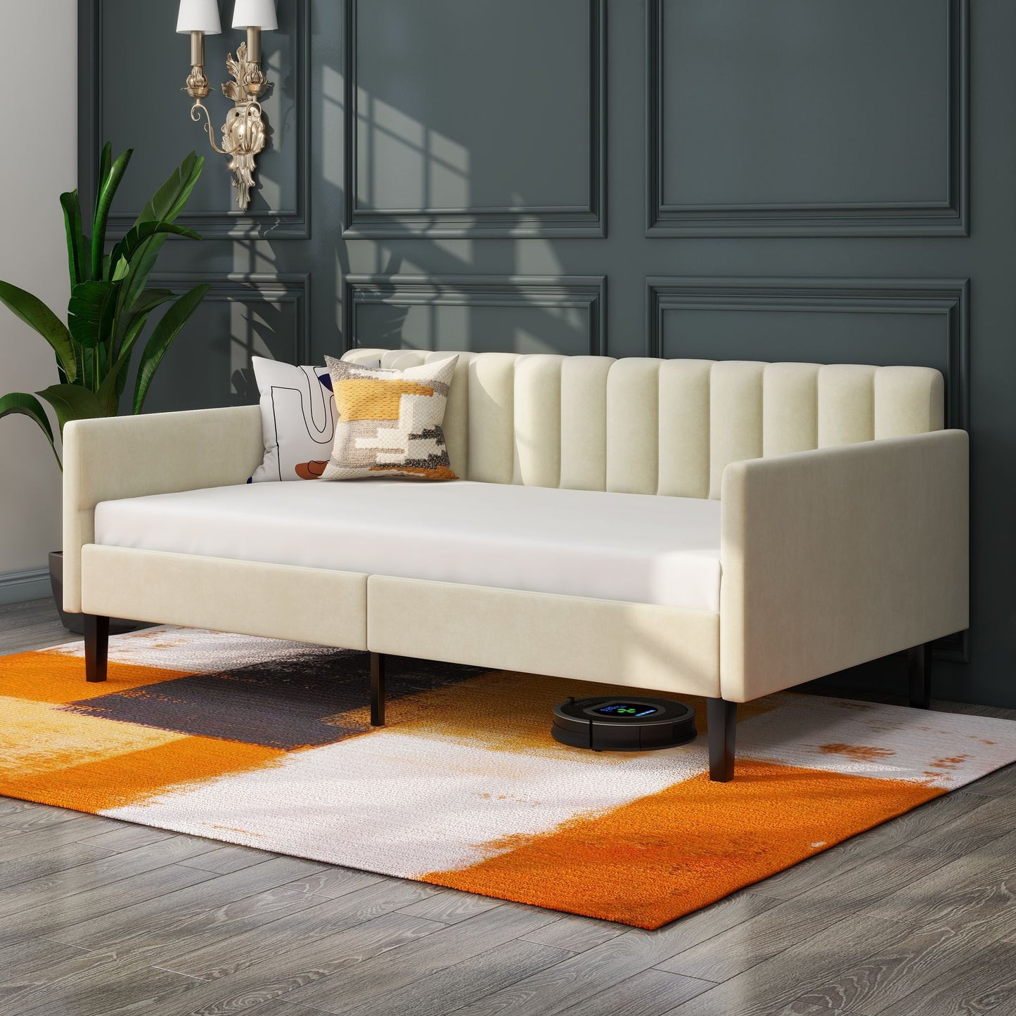 Same as B083121461 Elena Twin Size Beige Velvet Upholstered Daybed, Ribbed Tufted Backrest, Daybed in Lavish Modern Desi image 3