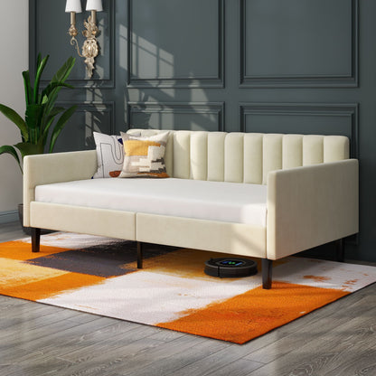 Same as B083121461 Elena Twin Size Beige Velvet Upholstered Daybed, Ribbed Tufted Backrest, Daybed in Lavish Modern Desi image 3