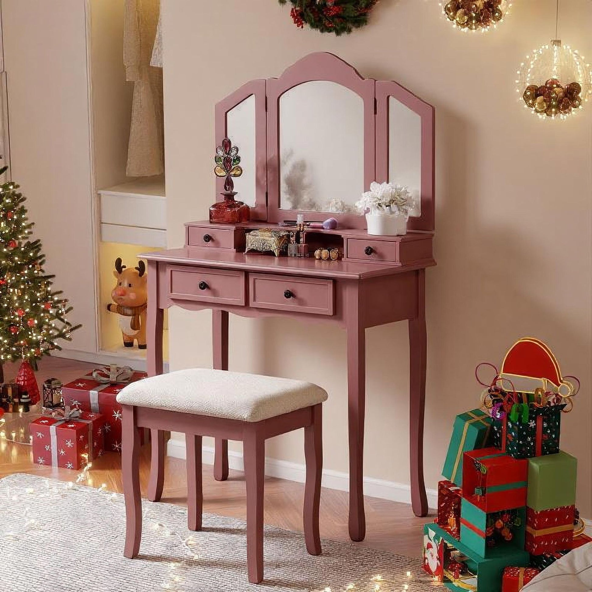 Sanlo Wooden Vanity Make Up Table and Stool Set, Rose Gold image 1
