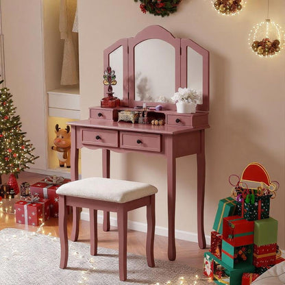 Sanlo Wooden Vanity Make Up Table and Stool Set, Rose Gold image 1