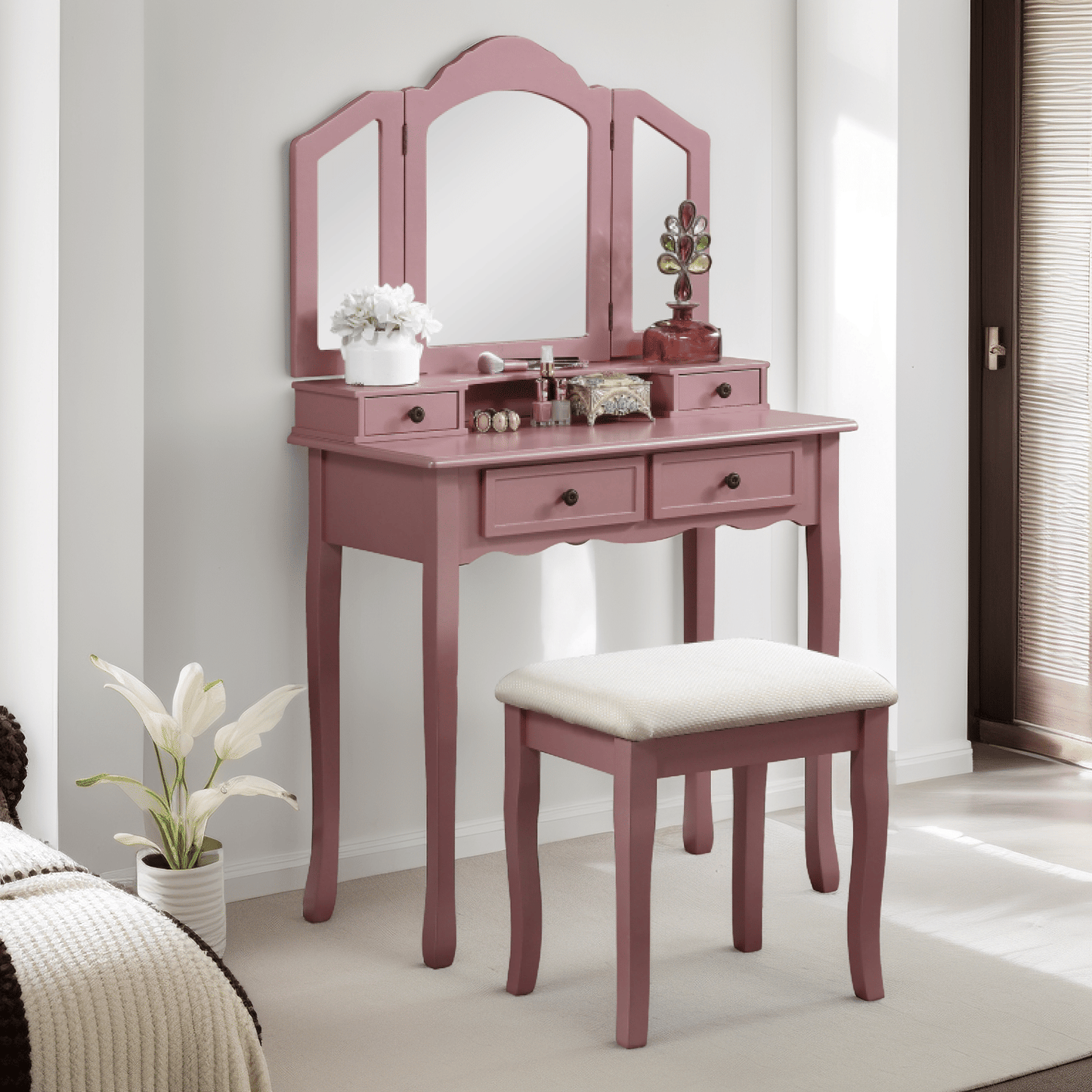 Sanlo Wooden Vanity Make Up Table and Stool Set, Rose Gold image 9