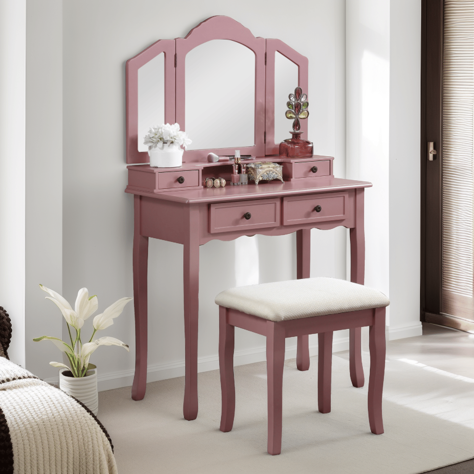Sanlo Wooden Vanity Make Up Table and Stool Set, Rose Gold image 9