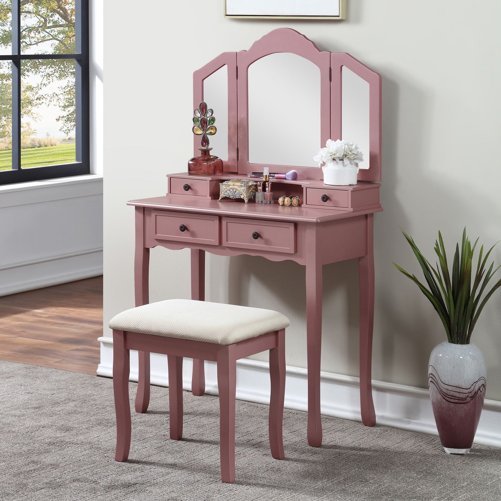 Sanlo Wooden Vanity Make Up Table and Stool Set, Rose Gold image 2