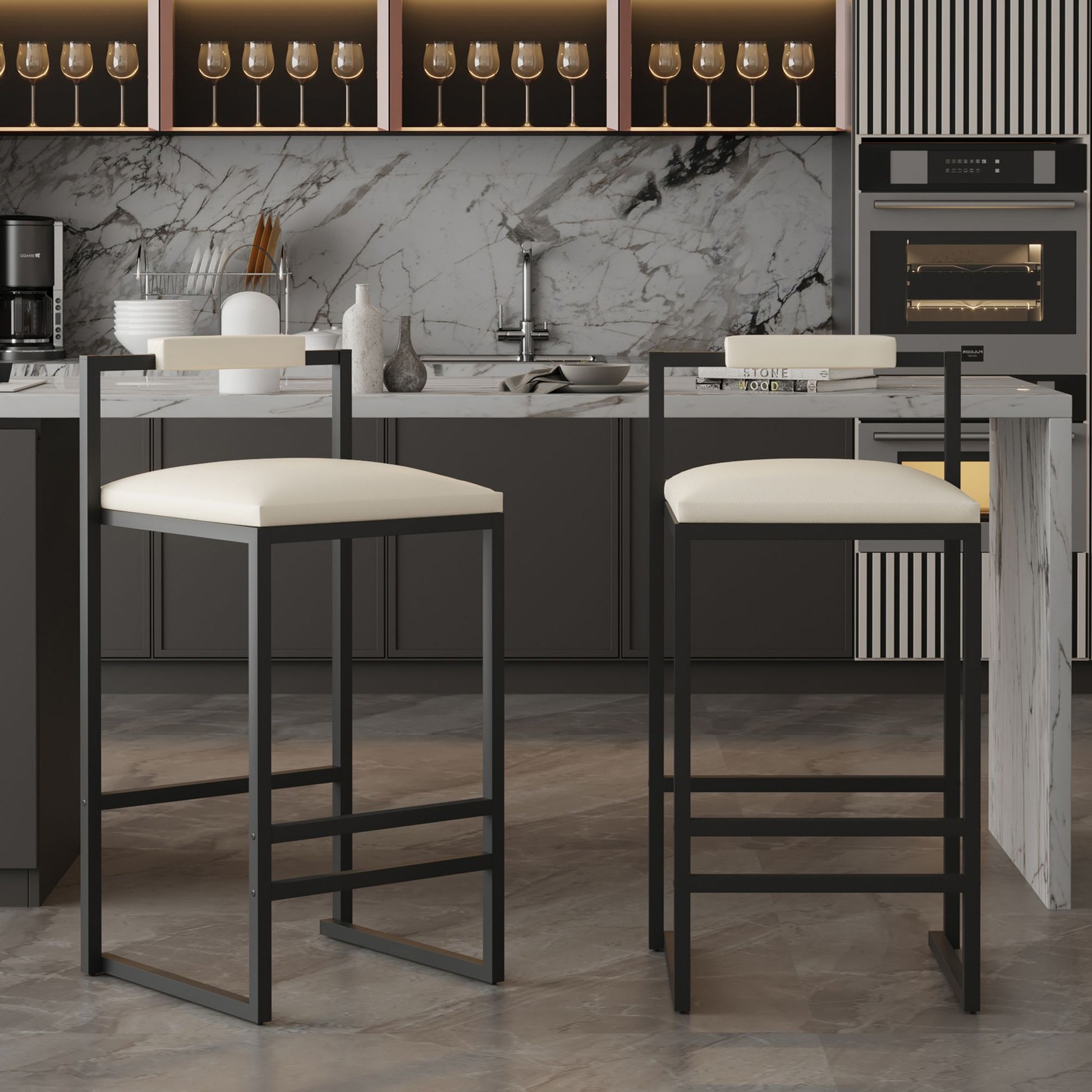 Set of 2 Barstools Faux Leather Upholstered Bar Stools Modern Metal Frame Dining Chairs for Counter, Kitchen Island (Bei image 1