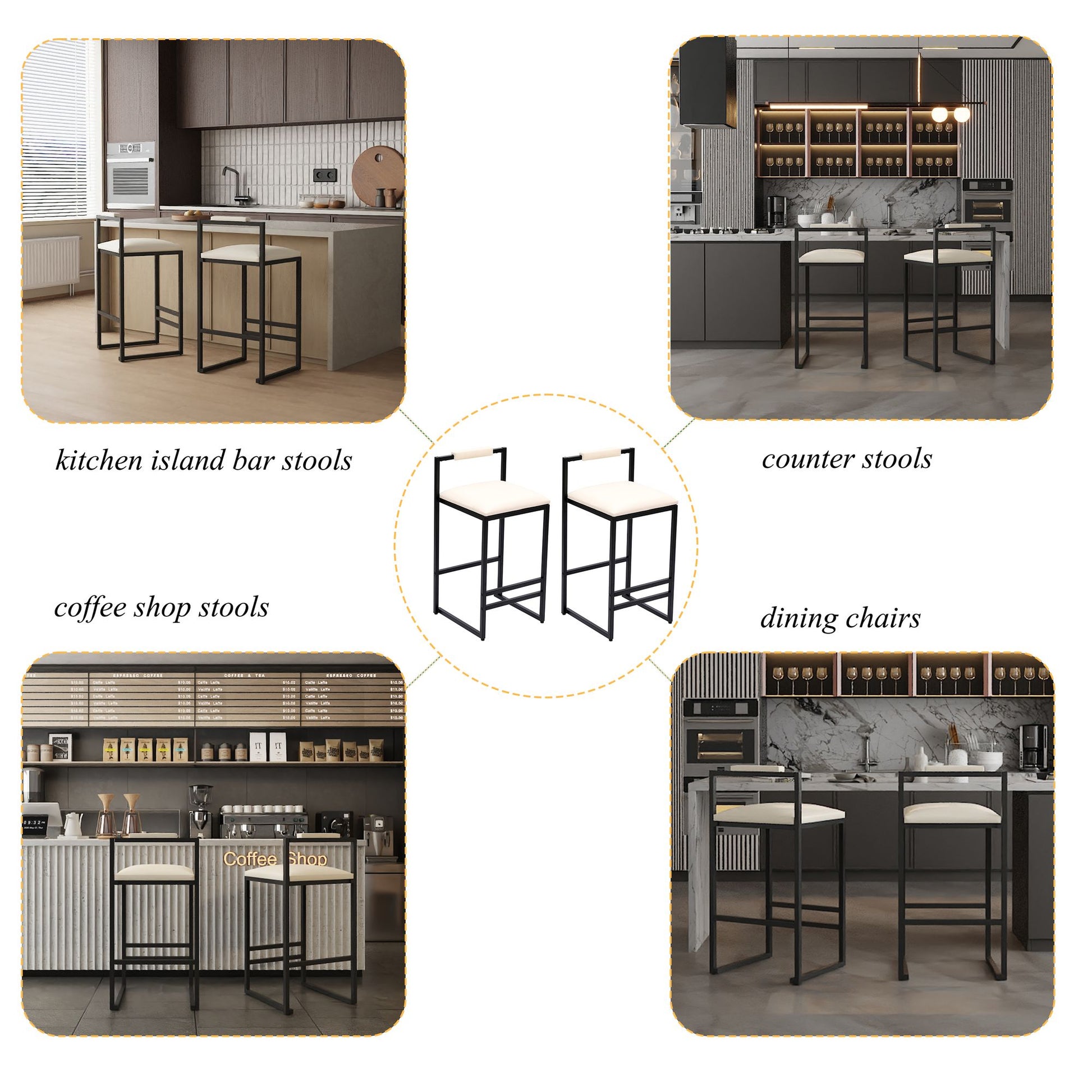 Set of 2 Barstools Faux Leather Upholstered Bar Stools Modern Metal Frame Dining Chairs for Counter, Kitchen Island (Bei image 8