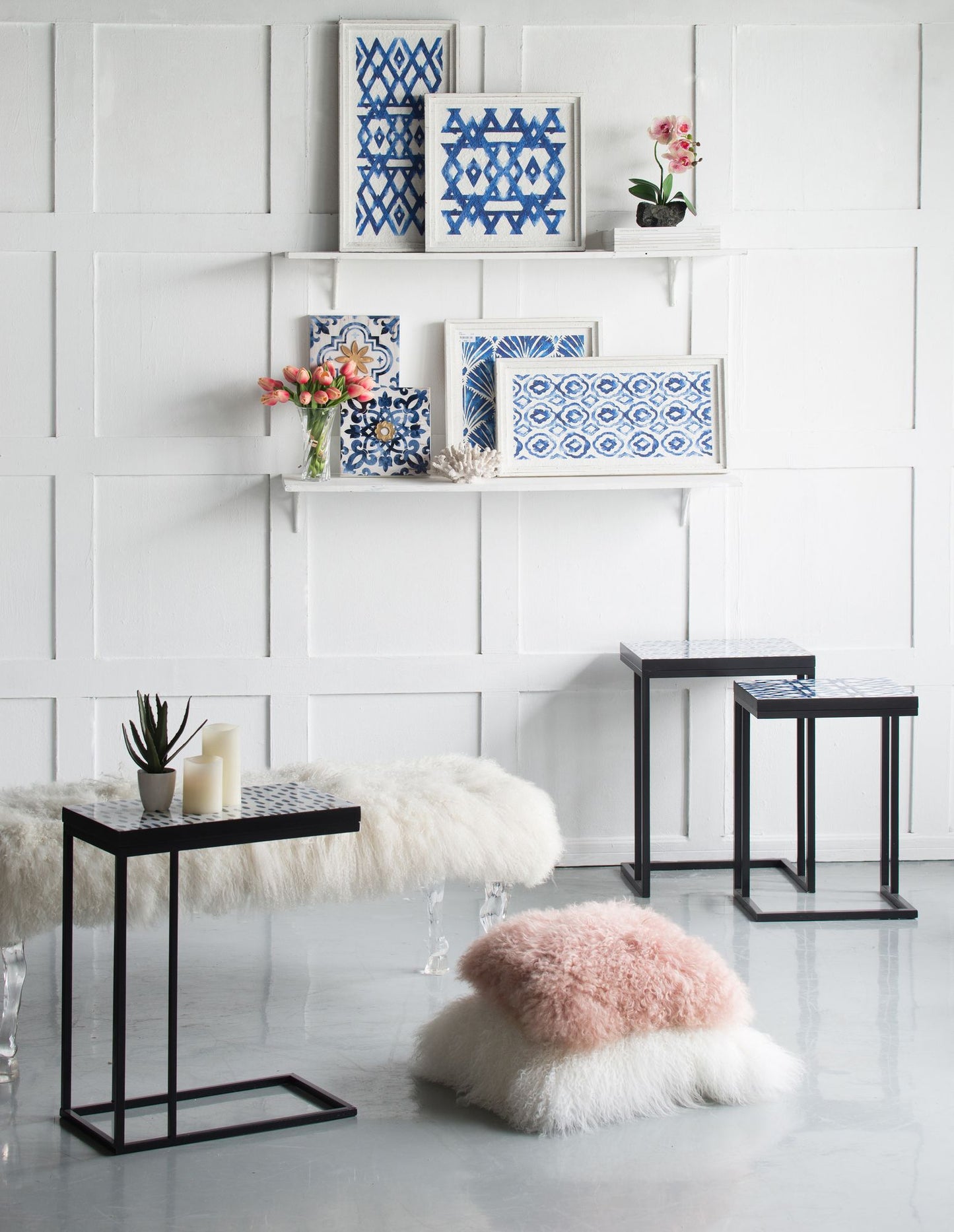 Set of 2 Blue and White Hanging Sculptures, Modern Wall Art Decor, 12.5" x 24.5" image 9