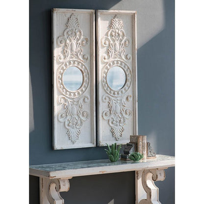 Set of 2 Large Wooden Wall Art Panels with Distressed White Finish and Round Mirror Accents,17" x 48" image 7