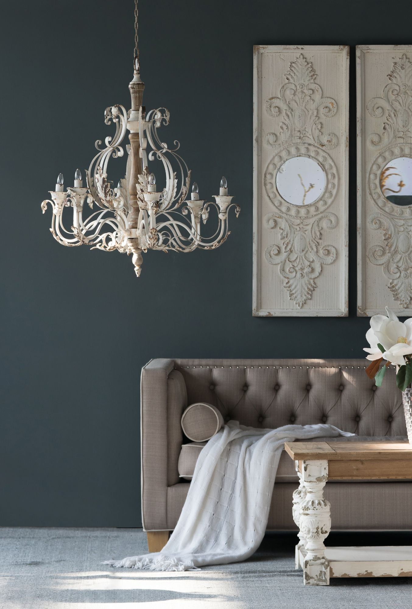 Set of 2 Large Wooden Wall Art Panels with Distressed White Finish and Round Mirror Accents,17" x 48" image 6
