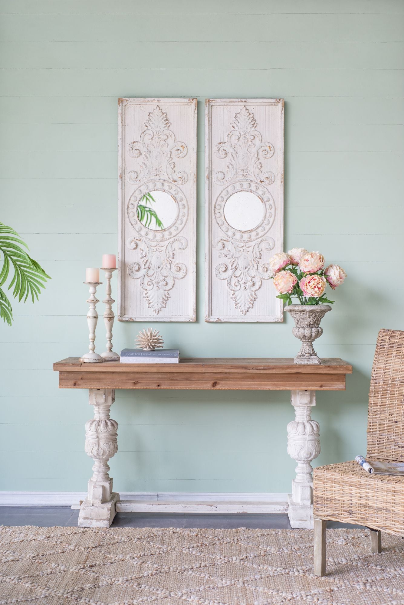 Set of 2 Large Wooden Wall Art Panels with Distressed White Finish and Round Mirror Accents,17" x 48" image 5