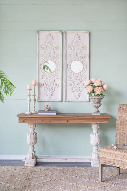 Set of 2 Large Wooden Wall Art Panels with Distressed White Finish and Round Mirror Accents,17" x 48" image 5