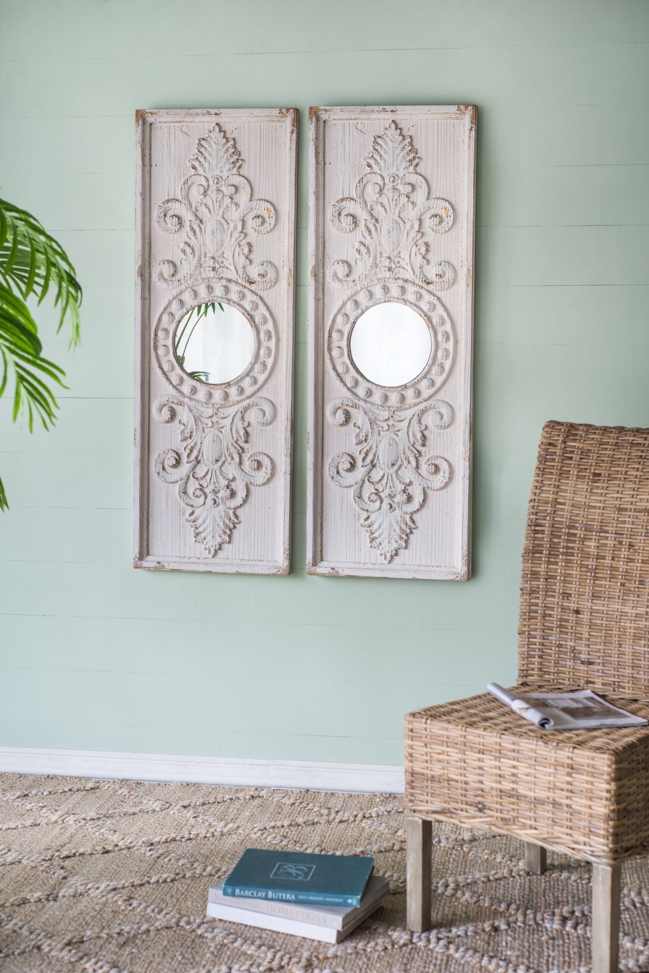 Set of 2 Large Wooden Wall Art Panels with Distressed White Finish and Round Mirror Accents,17" x 48" image 8