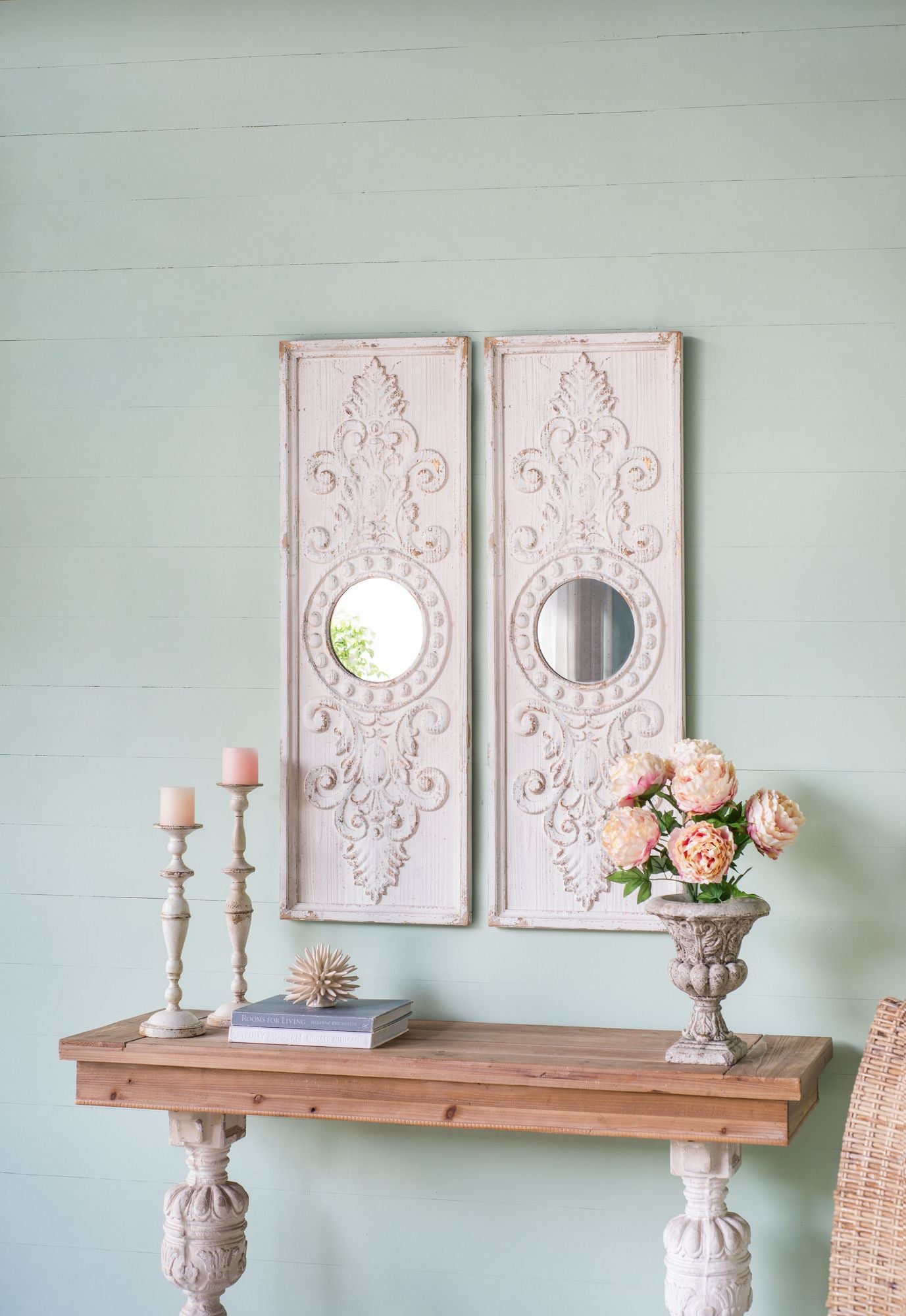 Set of 2 Large Wooden Wall Art Panels with Distressed White Finish and Round Mirror Accents,17" x 48" image 1