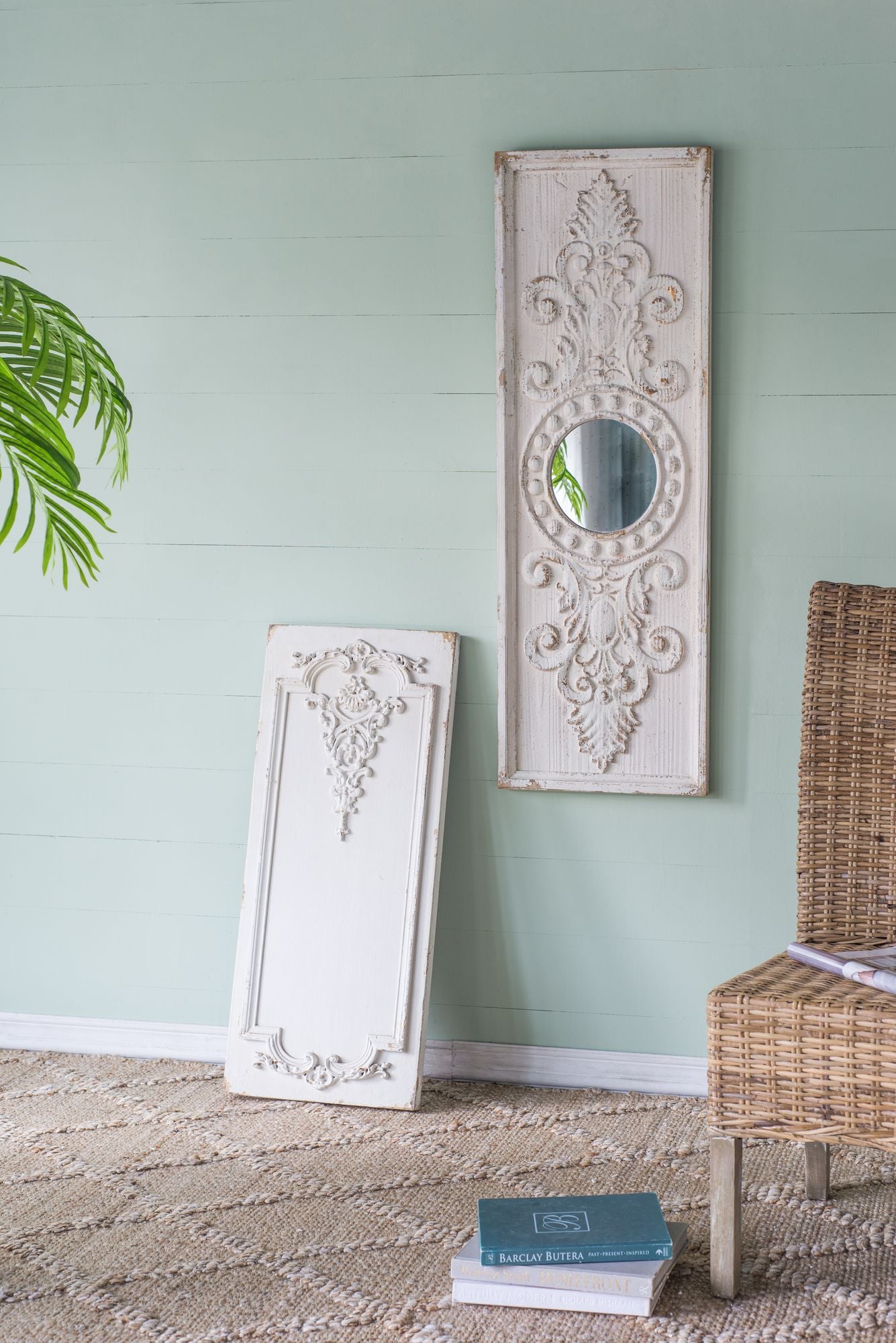 Set of 2 Large Wooden Wall Art Panels with Distressed White Finish and Round Mirror Accents,17" x 48" image 14