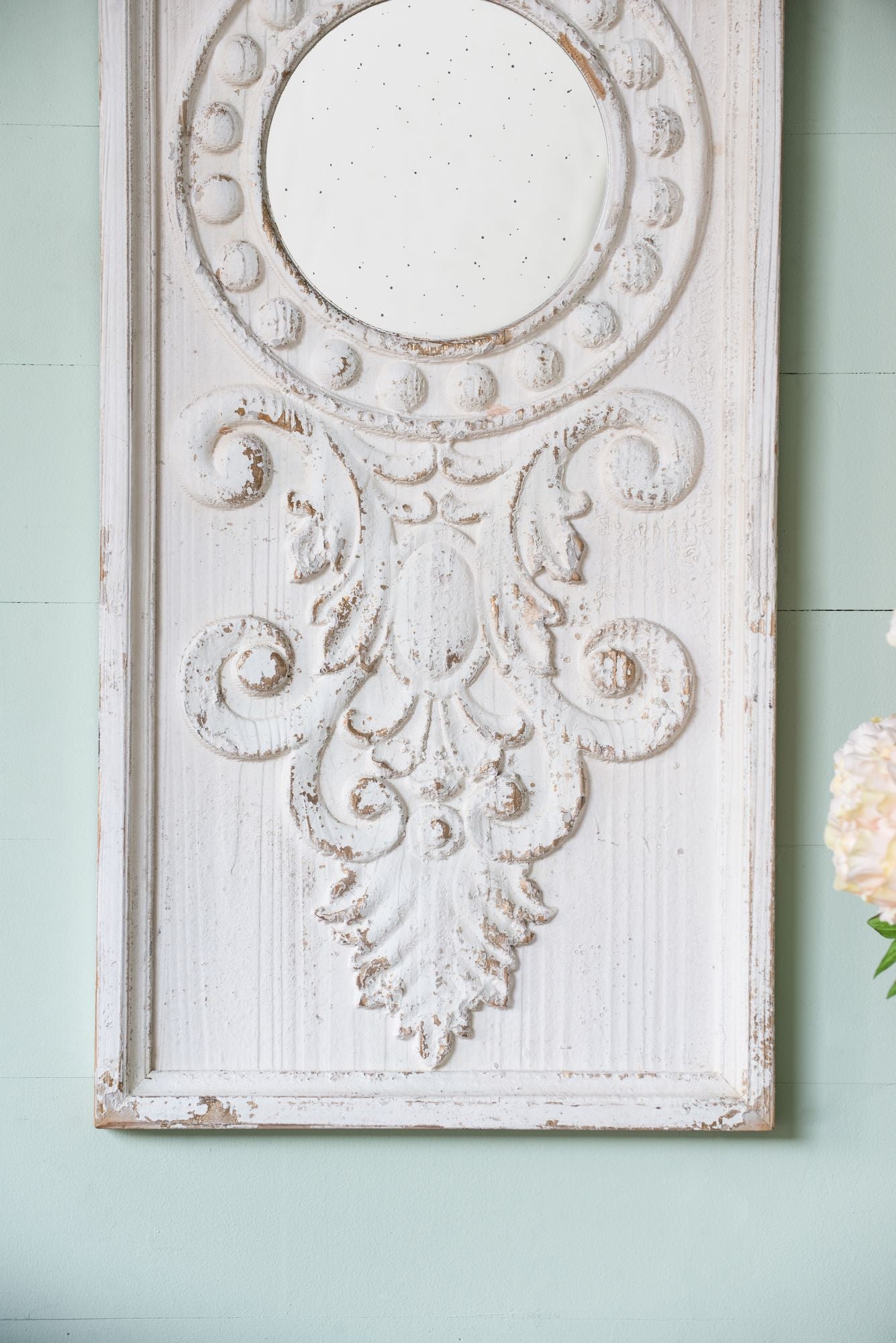 Set of 2 Large Wooden Wall Art Panels with Distressed White Finish and Round Mirror Accents,17" x 48" image 10