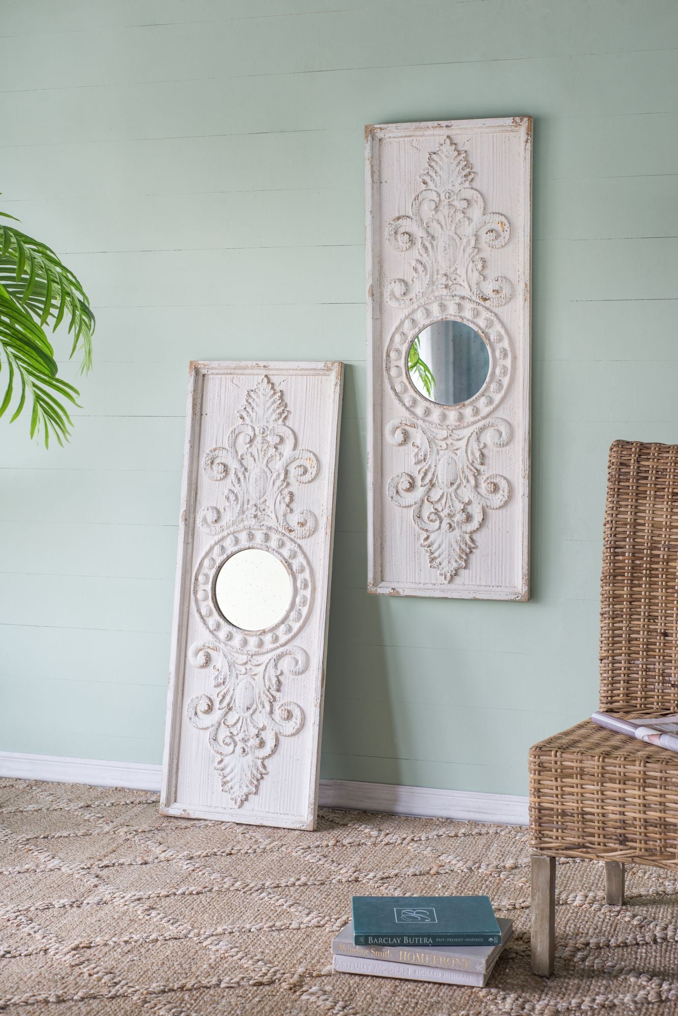 Set of 2 Large Wooden Wall Art Panels with Distressed White Finish and Round Mirror Accents,17" x 48" image 9