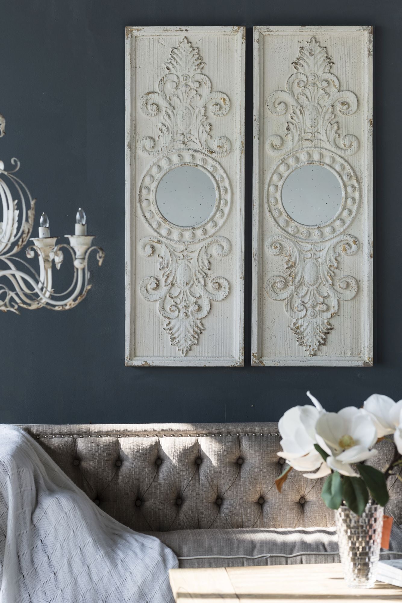 Set of 2 Large Wooden Wall Art Panels with Distressed White Finish and Round Mirror Accents,17" x 48" image 3
