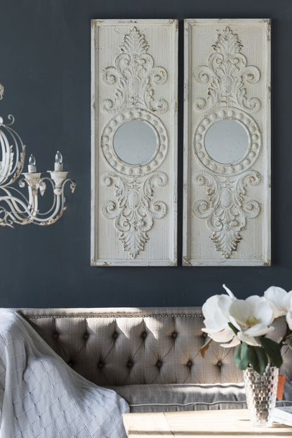Set of 2 Large Wooden Wall Art Panels with Distressed White Finish and Round Mirror Accents,17" x 48" image 3