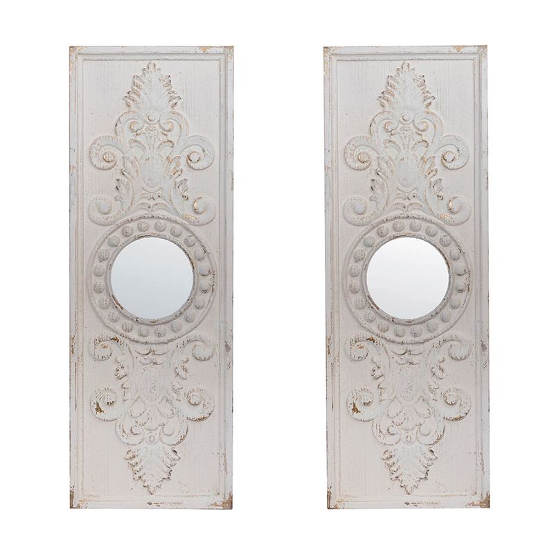 Set of 2 Large Wooden Wall Art Panels with Distressed White Finish and Round Mirror Accents,17" x 48" image 2