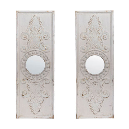 Set of 2 Large Wooden Wall Art Panels with Distressed White Finish and Round Mirror Accents,17" x 48" image 2