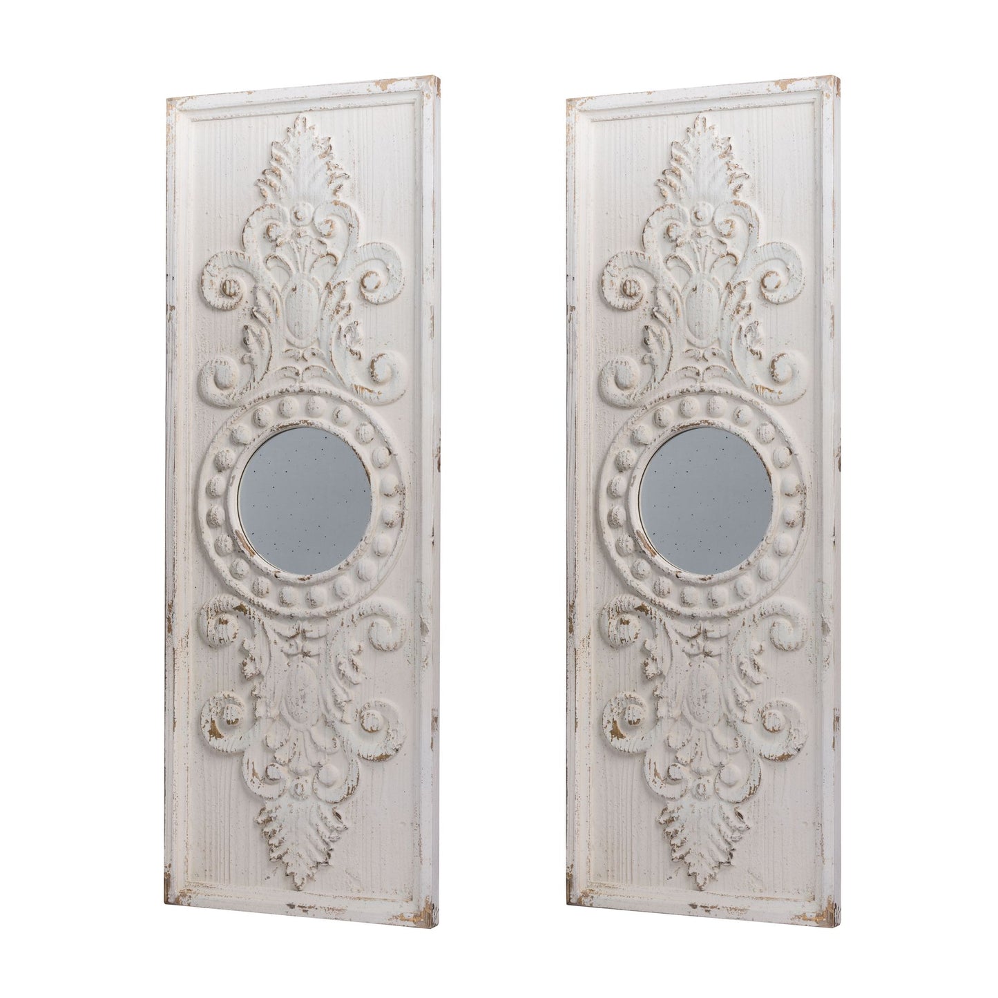 Set of 2 Large Wooden Wall Art Panels with Distressed White Finish and Round Mirror Accents,17" x 48" image 4